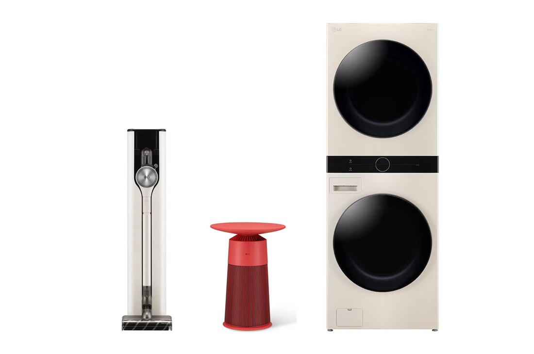 LG Combo Máy hút bụi cầm tay LG CordZero với All-in-one Tower A9T-ULTRA, Máy lọc khí PuriCare AeroFurniture màu đỏ hồng & Tháp giặt sấy LG WashTower™ Giặt 14kg/ Sấy 10kg Màu be|WT1410NHE, W14A9TAS20R.ABAE