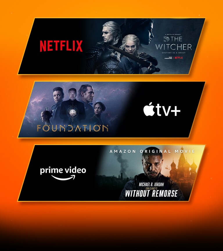 Có 3 khối hình ảnh - mỗi khối có logo nền tảng phát trực tuyến và hình ảnh cảnh quay. Logo Netflix với Witcher, logo Apple TV plus với Foundation, logo Prime Video với Without Remorse.