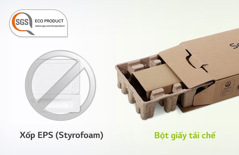 Có logo SGS ECO PRODUCT ở góc trên bên trái. Có dấu cấm màu xám trên hình nhựa xốp ở bên trái và hình hộp bao bì ở bên phải.
