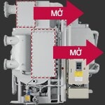 Mặt trước của Máy làm lạnh hấp thụ loại đốt trực tiếp của LG, hai hình chữ nhật có đường viền chấm với mũi tên màu đỏ gợi ý rằng các bộ phận này có thể được mở ra.