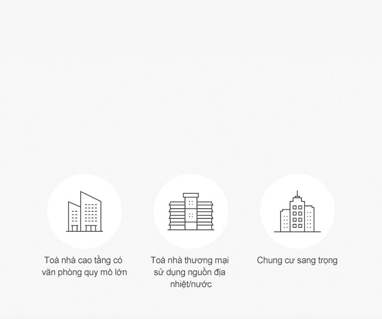 Ba vòng tròn màu trắng từ trái sang phải mô tả đường viền của một văn phòng quy mô lớn, một tòa nhà thương mại và một khu dân cư sang trọng ở trung tâm.