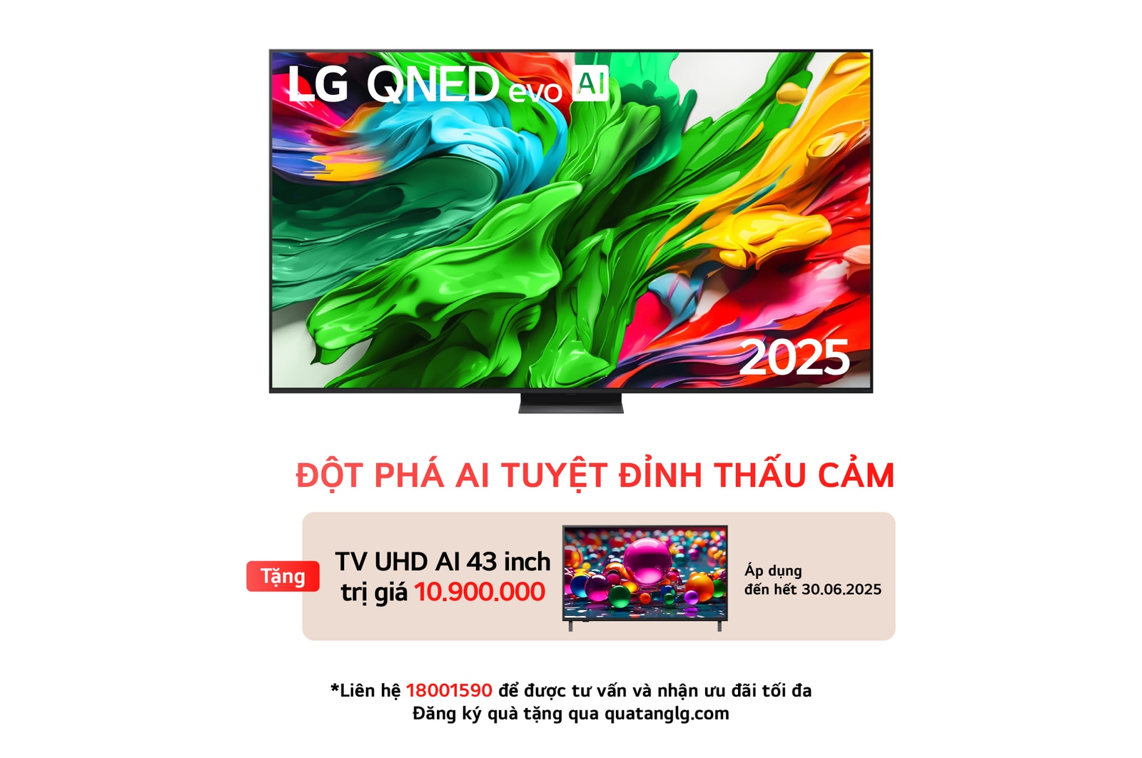 Front view of LG QNED evo TV, LG QNED evo Al Logo on the top corner. LG QNED evo TV depicts colorful paintike textures coming together.