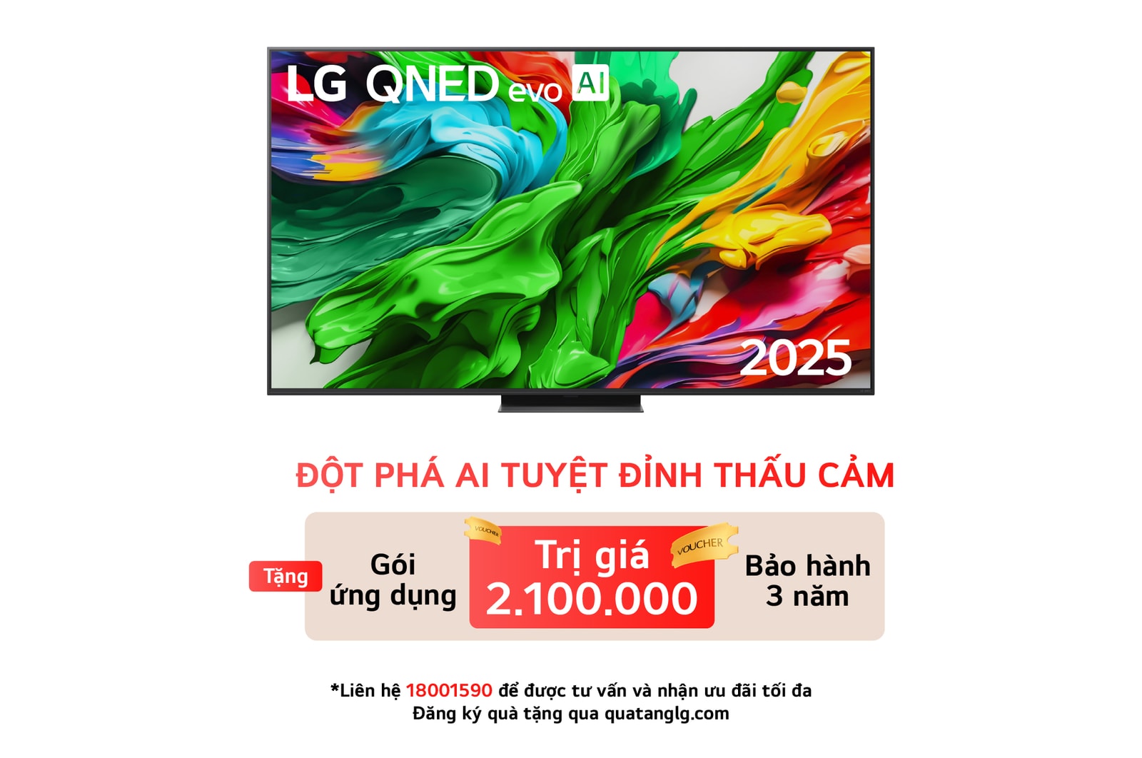 Front view of LG QNED evo TV, LG QNED evo Al Logo on the top corner. LG QNED evo TV depicts colorful paintike textures coming together.