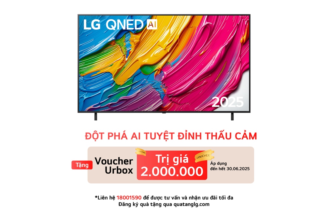 Front view of LG QNED80 TV, LG QNED Al Logo on the top corner. LG QNED TV depicts colorful paintike textures coming together.