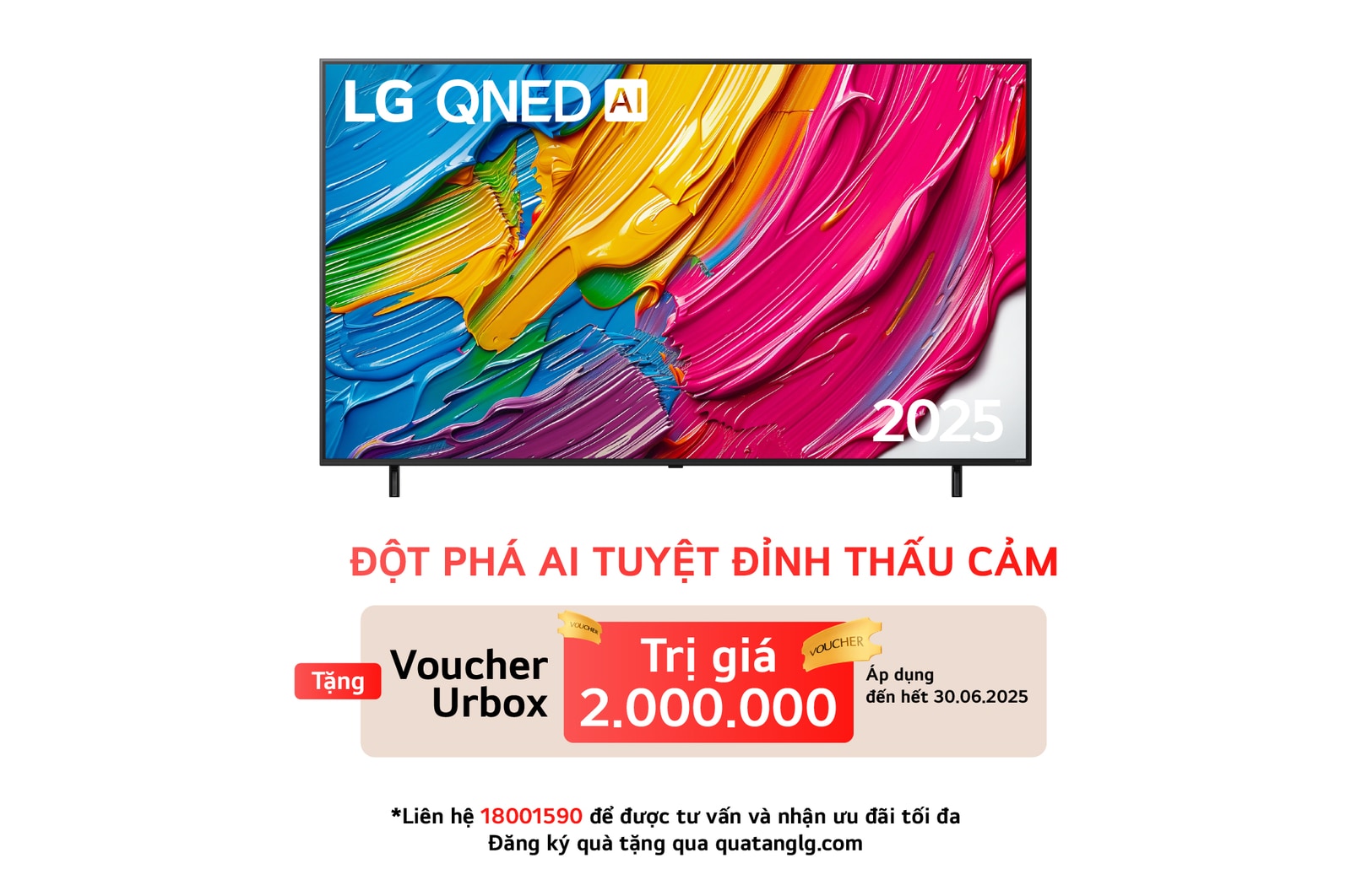 Front view of LG QNED80 TV, LG QNED Al Logo on the top corner. LG QNED TV depicts colorful paintike textures coming together.