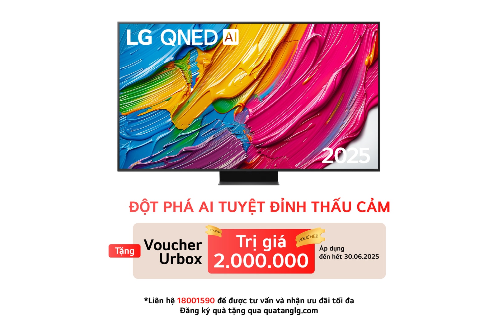 Front view of LG QNED80 TV, LG QNED Al Logo on the top corner. LG QNED TV depicts colorful paintike textures coming together.