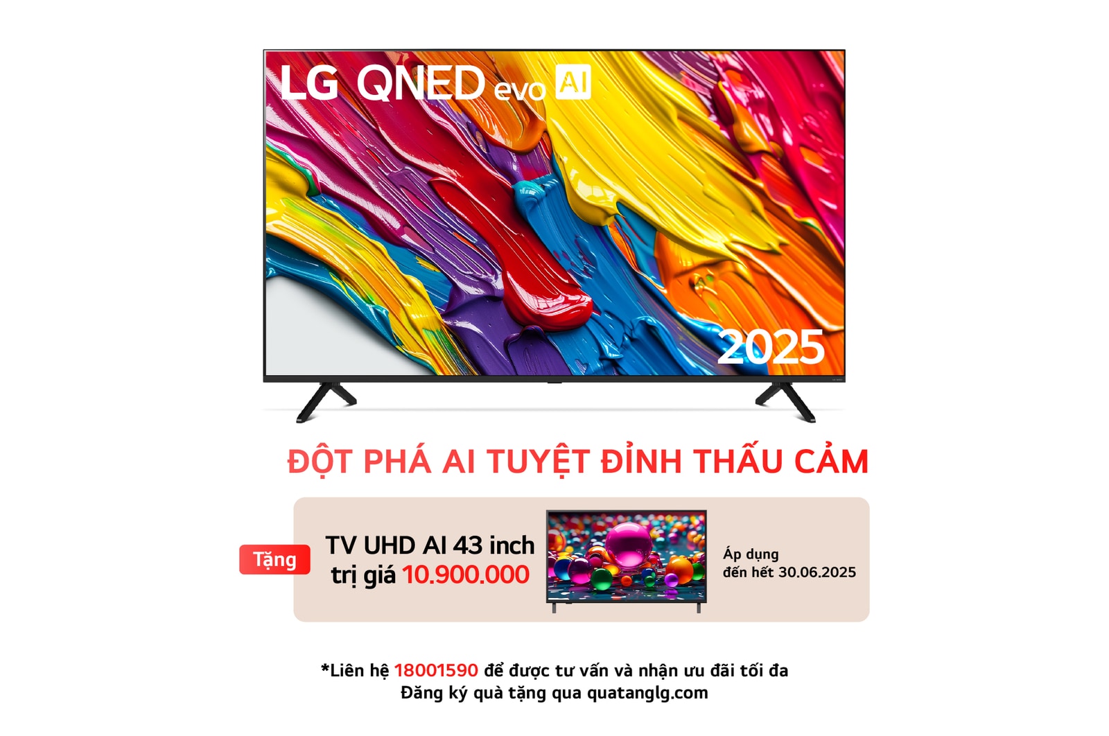 Front view of LG QNED evo QNED92 TV, LG QNED evo Al Logo on the top corner. LG QNED evo TV depicts colorful paintike textures coming together.