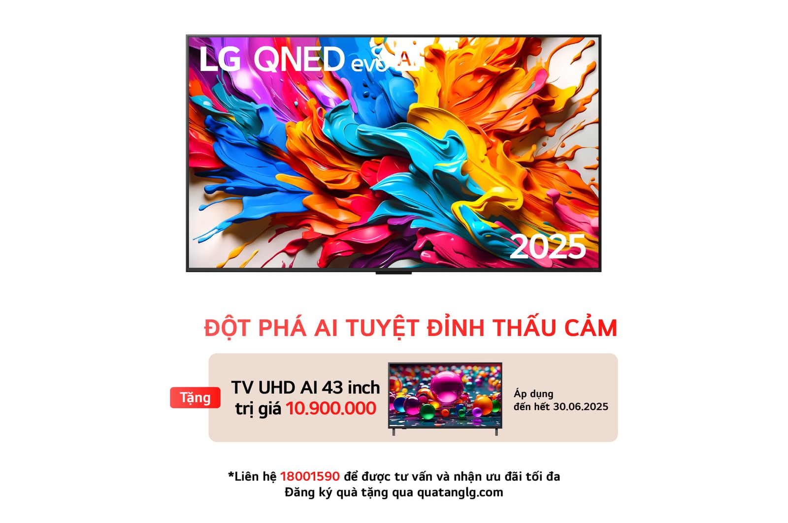 Front view of LG QNED evo AI QNED9M TV. LG QNED evo AI Logo on the. op corner. LG QNED evo TV depicts colorful paintike textures coming together. Zero Connect Box in the corner with the title, Zero Connect Box with 4K 144Hz wireless video & audio transfer.