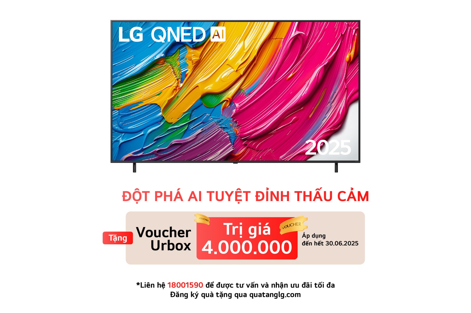 Front view of LG QNED80 TV, LG QNED Al Logo on the top corner. LG QNED TV depicts colorful paintike textures coming together.