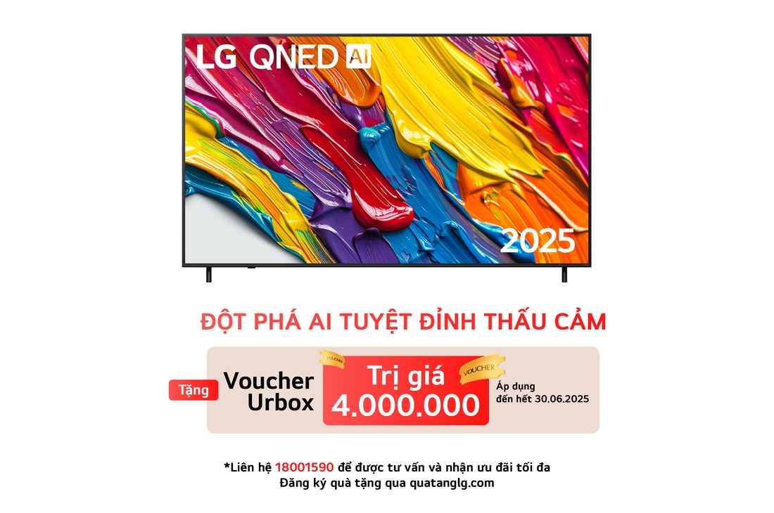 Hình ảnh tích cực của TV LG QNED82 với logo LG QNED Al ở góc trên cùng. LG QNED TV mô tả kết cấu đầy màu sắc như tranh vẽ.