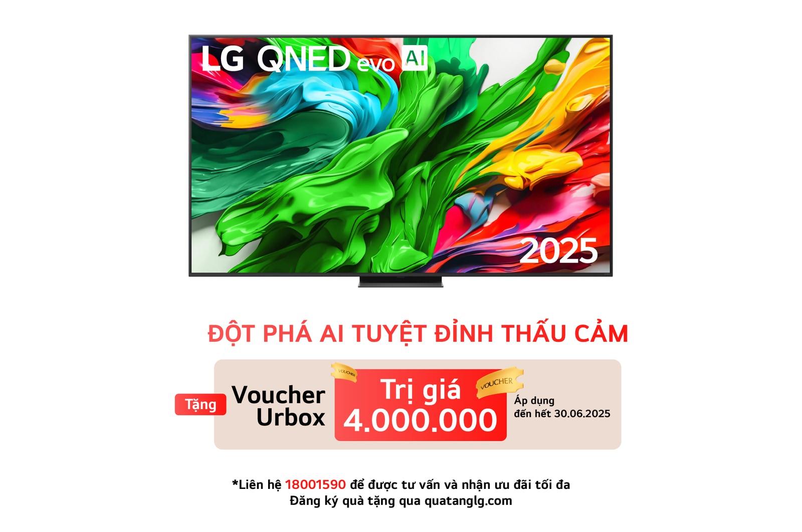 Front view of LG QNED evo TV, LG QNED evo Al Logo on the top corner. LG QNED evo TV depicts colorful paintike textures coming together.