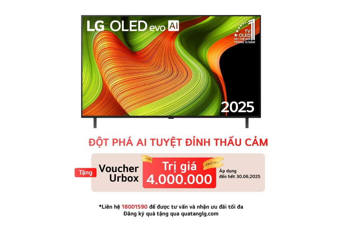 Hình ảnh mặt trước của Smart TV LG OLED AI B5 4K. Biểu tượng OLED số 1 thế giới trong 12 năm và logo LG OLED AI 2025 hiện trên màn hình.