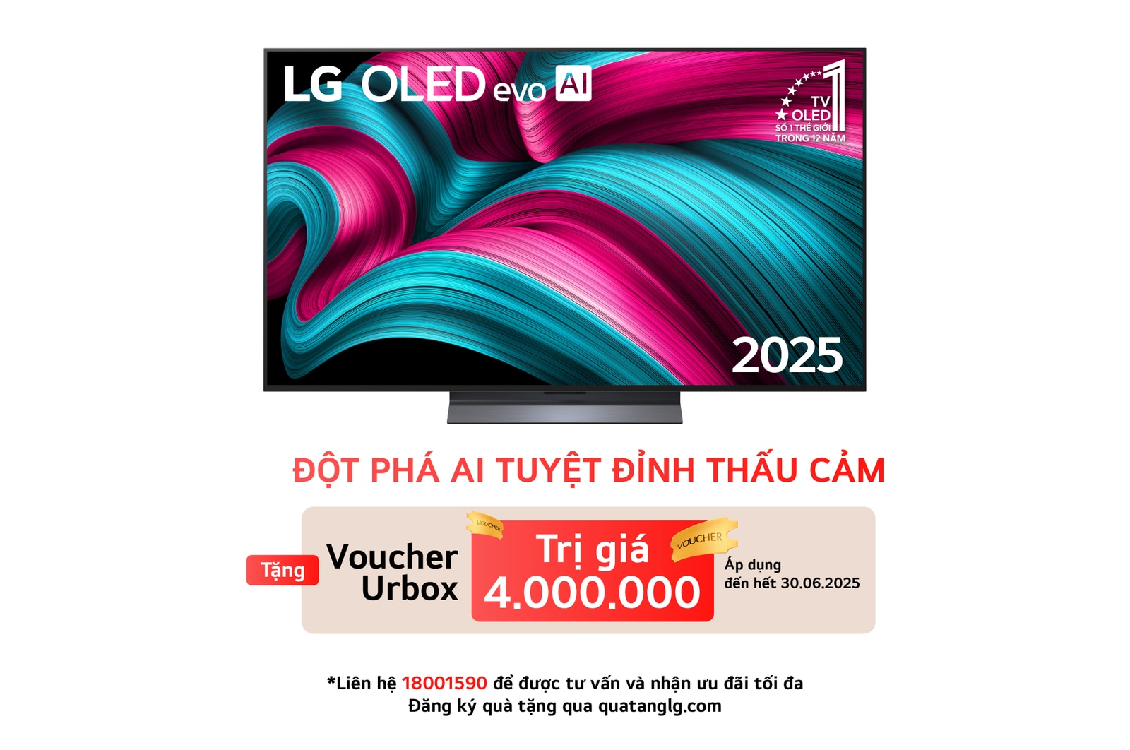 Front view of LG OLED evo AI C5 4K Smart TV. 12 Years of world number 1 OLED emblem and LG OLED evo AI 2025 logo are on the screen.