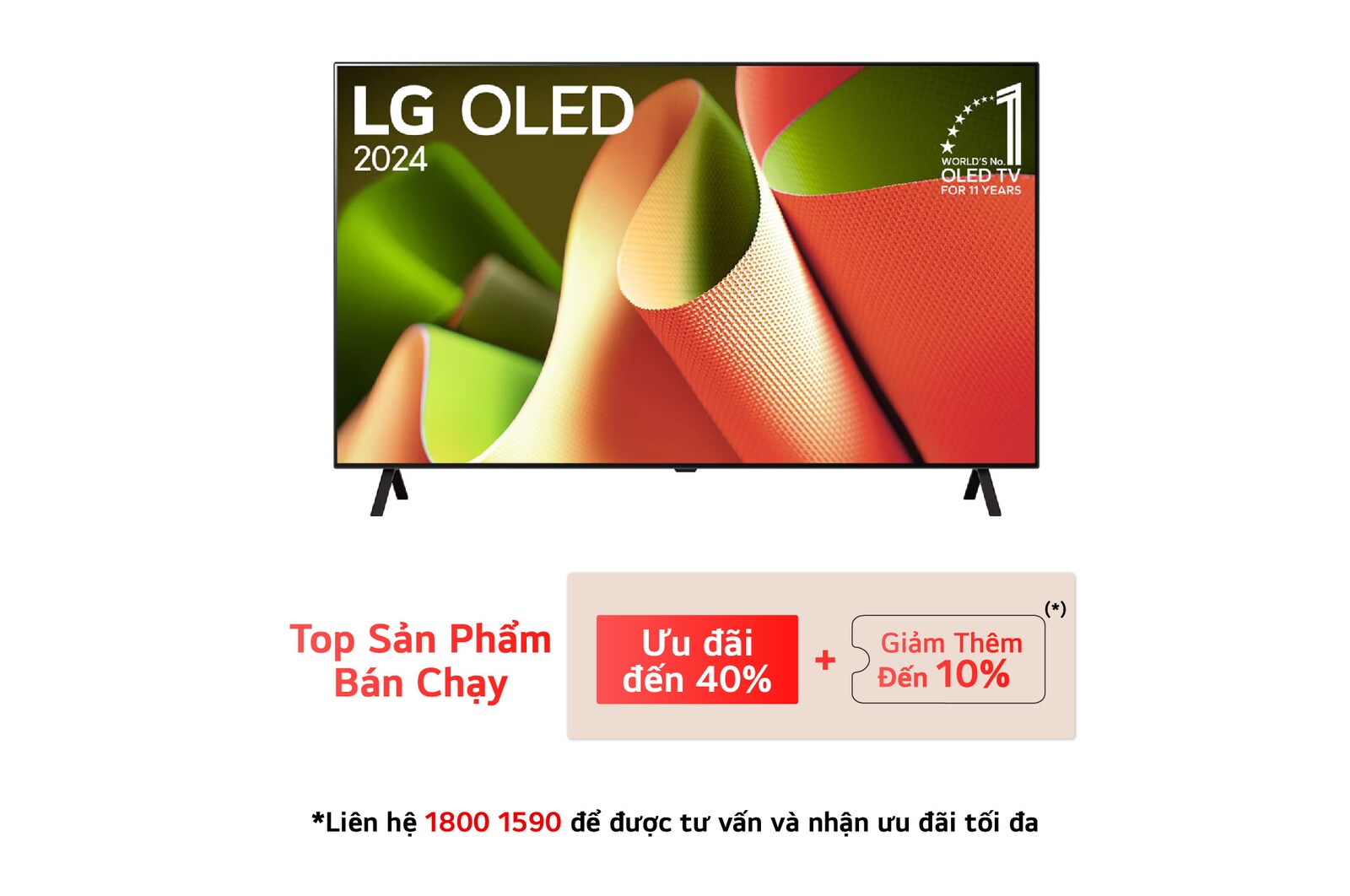 Hình ảnh mặt trước với TV LG OLED, OLED AI B4, Hình ảnh biểu tượng OLED 11 năm đứng đầu thế giới và logo webOS Re:New Program trên màn hình với giá đỡ 2 chân