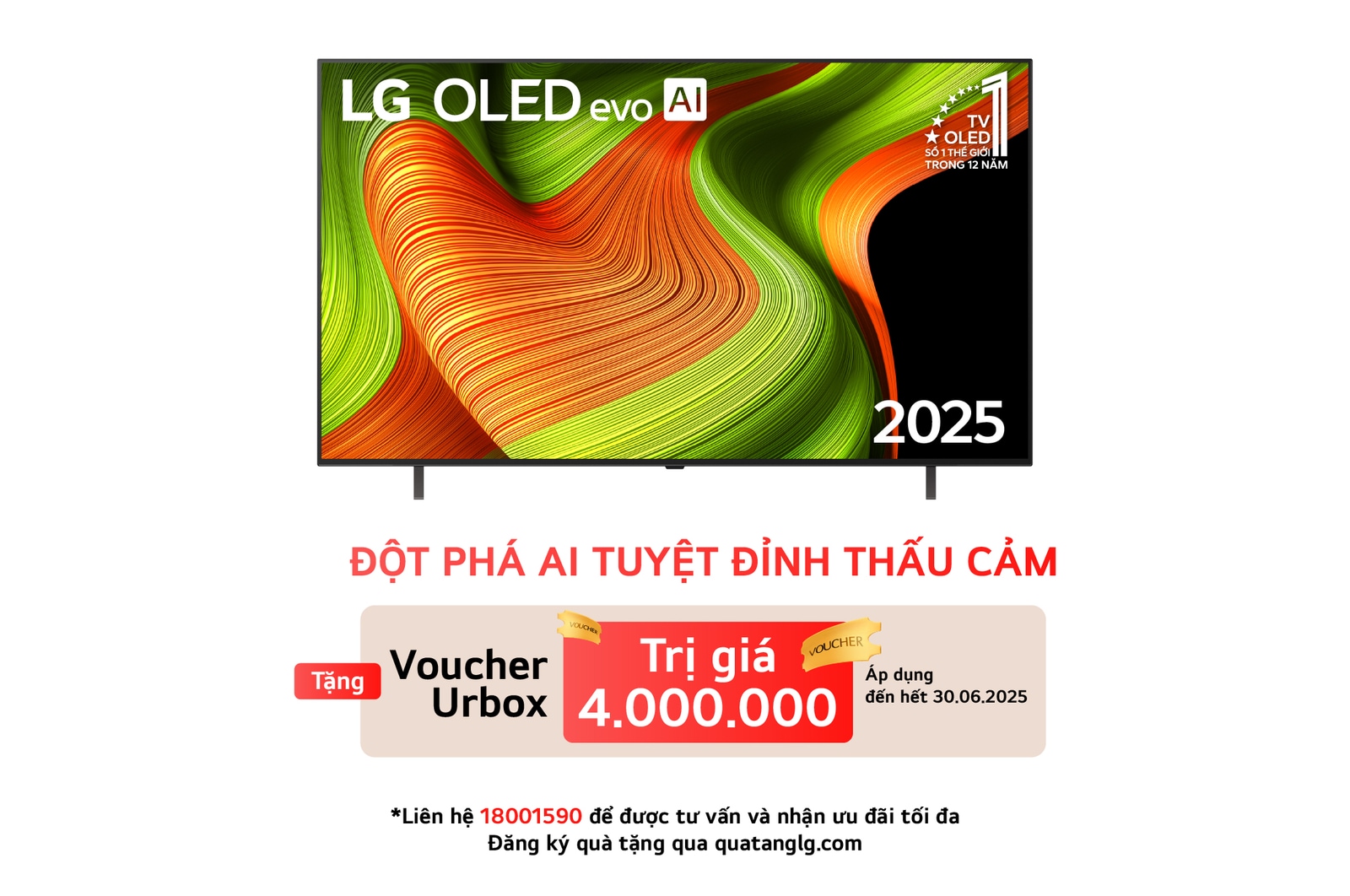 Front view of LG OLED AI B5 4K Smart TV. 12 Years of world number 1 OLED emblem and LG OLED AI 2025 logo are on the screen.