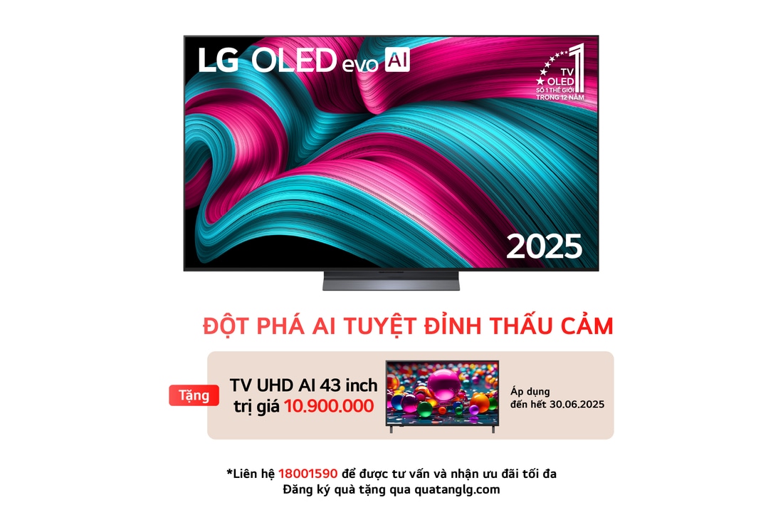 Front view of LG OLED evo AI C5 4K Smart TV. 12 Years of world number 1 OLED emblem and LG OLED evo AI 2025 logo are on the screen.