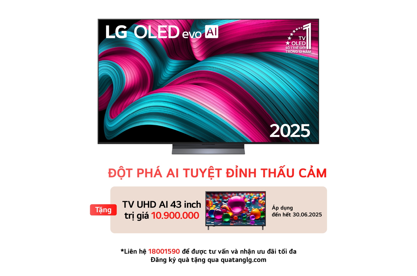 Front view of LG OLED evo AI C5 4K Smart TV. 12 Years of world number 1 OLED emblem and LG OLED evo AI 2025 logo are on the screen.