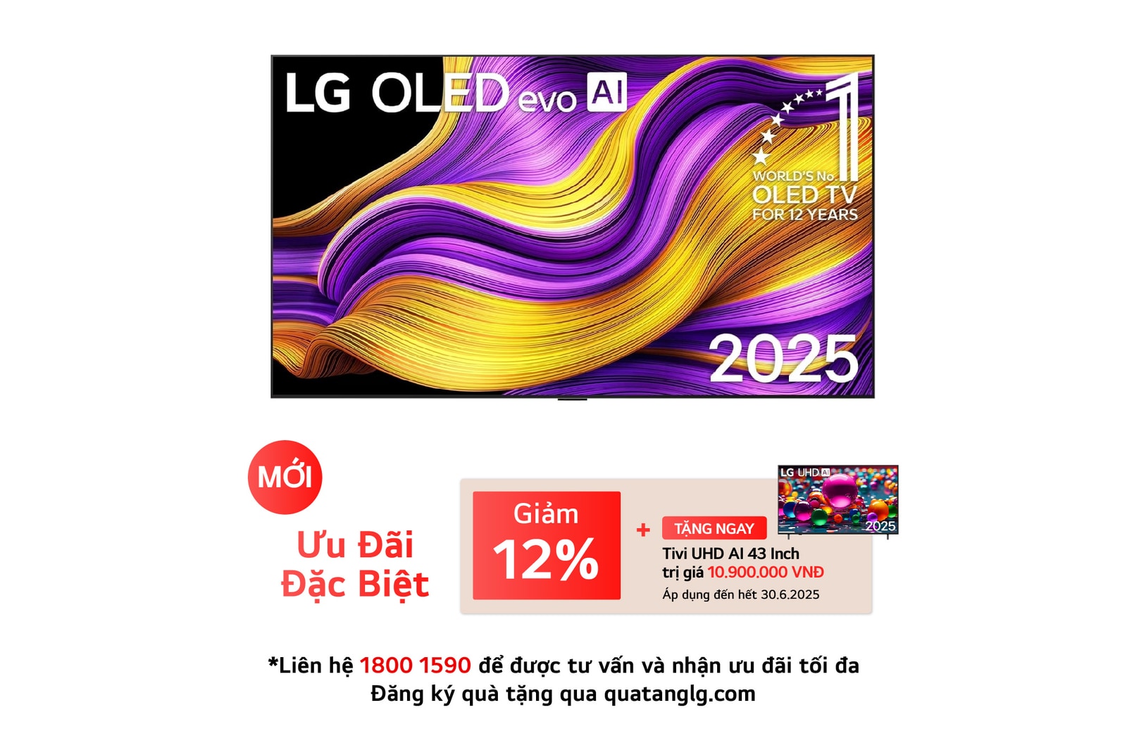 Front view of LG OLED evo AI G5 4K Smart TV. 12 Years of world number 1 OLED emblem and LG OLED evo AI 2025 logo are on the screen.