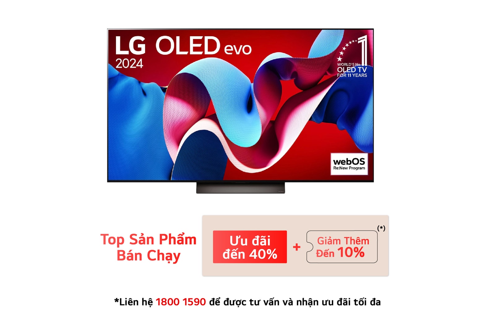 Hình ảnh mặt trước với TV LG OLED evo AI, OLED C4, Logo biểu tượng OLED 11 năm đứng đầu thế giới và logo webOS Re:New Program trên màn hình, cùng với Soundbar ở bên dưới
