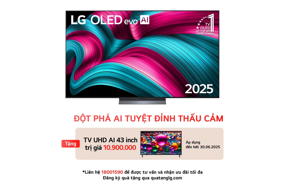 Front view of LG OLED evo AI C5 4K Smart TV. 12 Years of world number 1 OLED emblem and LG OLED evo AI 2025 logo are on the screen.