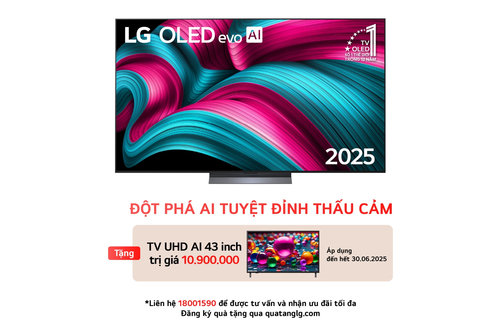 Front view of LG OLED evo AI C5 4K Smart TV. 12 Years of world number 1 OLED emblem and LG OLED evo AI 2025 logo are on the screen.