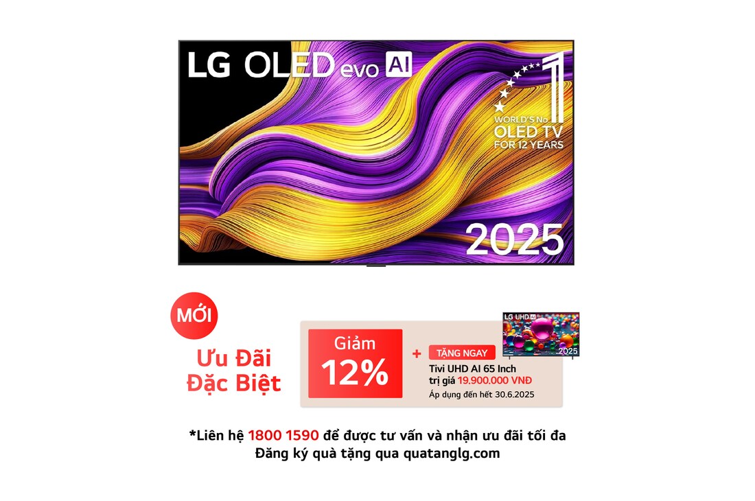 Front view of LG OLED evo AI G5 4K Smart TV. 12 Years of world number 1 OLED emblem and LG OLED evo AI 2025 logo are on the screen.