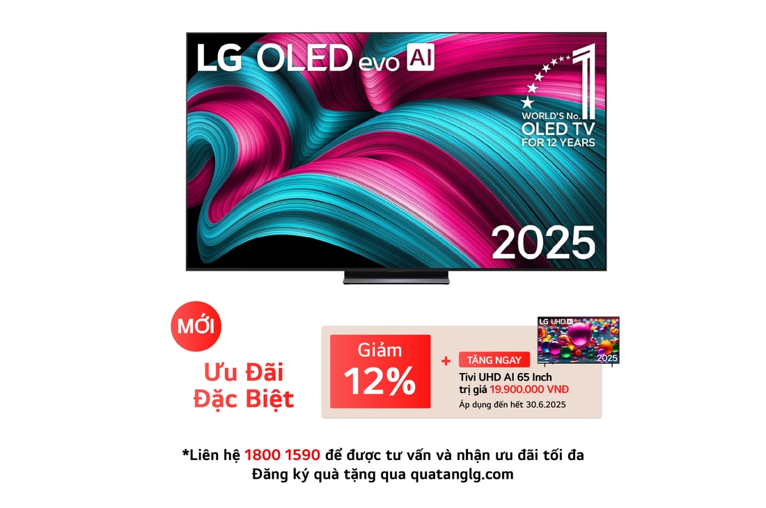 Front view of LG OLED evo AI C5 4K Smart TV. 12 Years of world number 1 OLED emblem and LG OLED evo AI 2025 logo are on the screen.