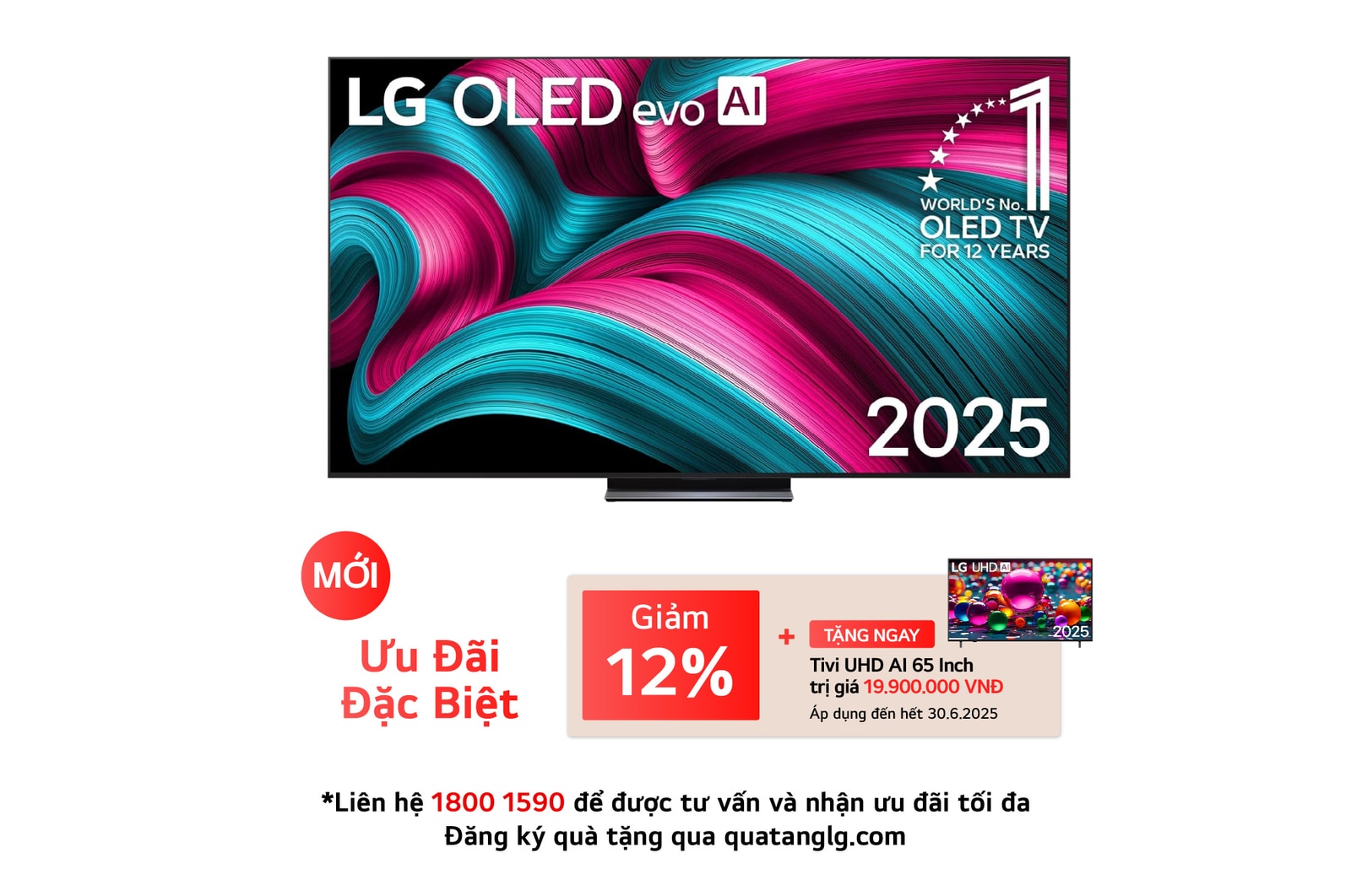 Front view of LG OLED evo AI C5 4K Smart TV. 12 Years of world number 1 OLED emblem and LG OLED evo AI 2025 logo are on the screen.