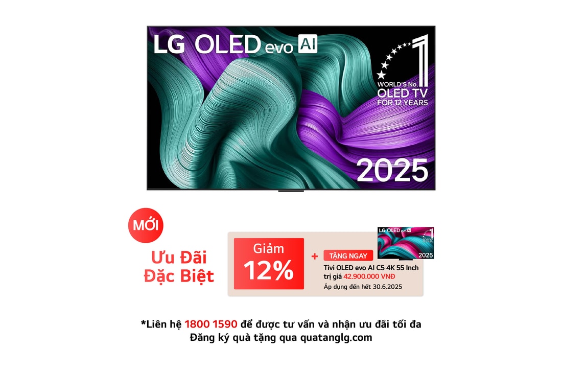 Front view of LG OLED evo AI G5 4K Smart TV. 12 Years of world number 1 OLED emblem and LG OLED evo AI 2025 logo are on the screen.