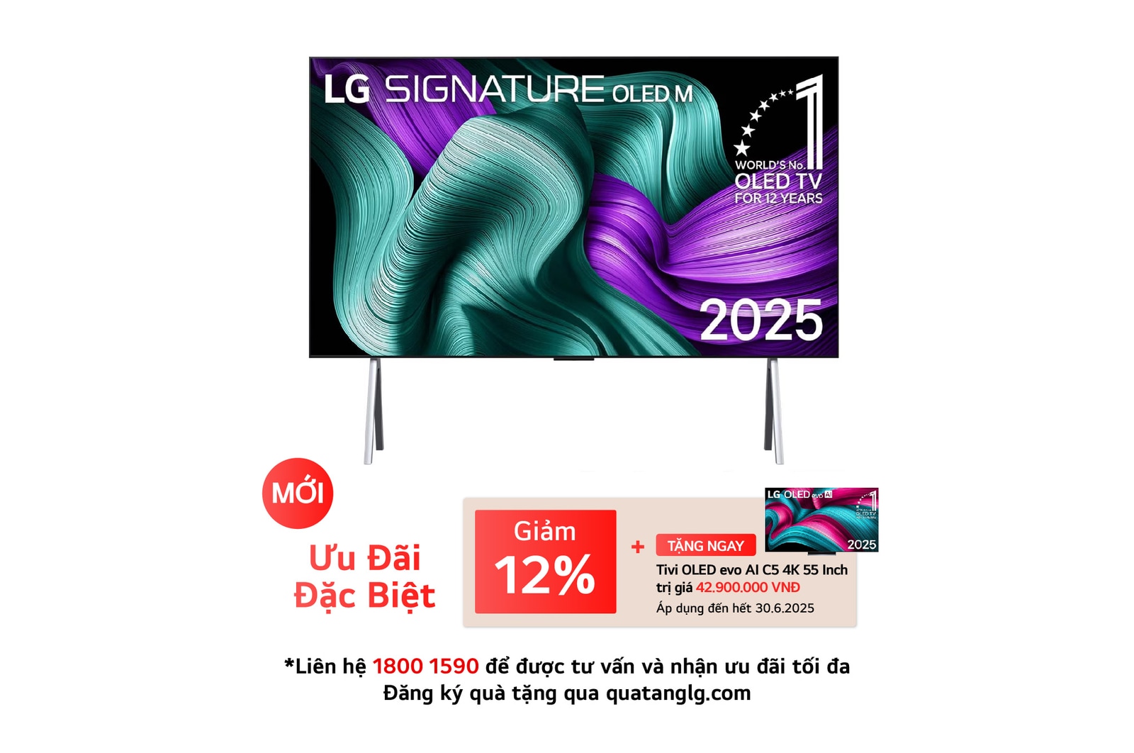 Hình ảnh mặt trước của LG OLED M5 Signature TV. Biểu tượng OLED số 1 thế giới trong 12 năm và logo LG Signature OLED M hiện trên màn hình. Hộp kết nối không dây ở góc có tiêu đề, Hộp kết nối không dây có khả năng truyền video và âm thanh không dây 4K 120Hz