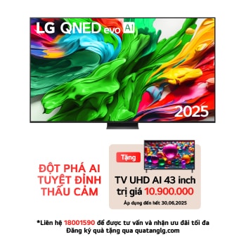 Front view of LG QNED evo TV, LG QNED evo Al Logo on the top corner. LG QNED evo TV depicts colorful paintike textures coming together.