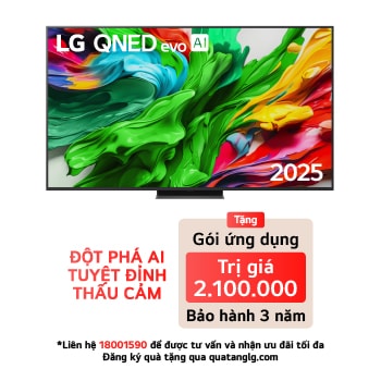 Front view of LG QNED evo TV, LG QNED evo Al Logo on the top corner. LG QNED evo TV depicts colorful paintike textures coming together.