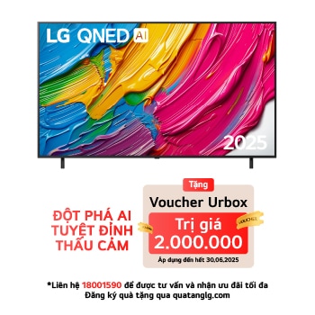Front view of LG QNED80 TV, LG QNED Al Logo on the top corner. LG QNED TV depicts colorful paintike textures coming together.