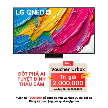 Front view of LG QNED80 TV, LG QNED Al Logo on the top corner. LG QNED TV depicts colorful paintike textures coming together.