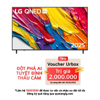 Hình ảnh tích cực của TV LG QNED82 với logo LG QNED Al ở góc trên cùng. LG QNED TV mô tả kết cấu đầy màu sắc như tranh vẽ.