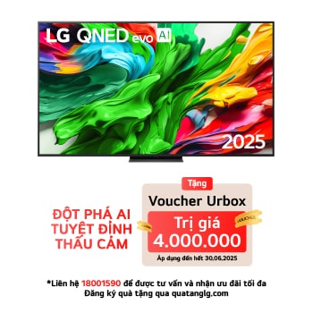 Front view of LG QNED evo TV, LG QNED evo Al Logo on the top corner. LG QNED evo TV depicts colorful paintike textures coming together.