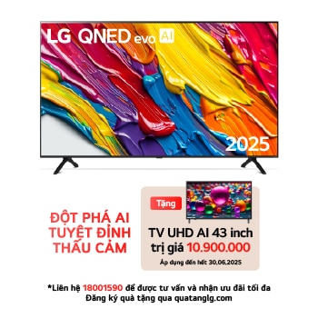 Front view of LG QNED evo QNED92 TV, LG QNED evo Al Logo on the top corner. LG QNED evo TV depicts colorful paintike textures coming together.