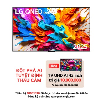 Front view of LG QNED evo AI QNED9M TV. LG QNED evo AI Logo on the. op corner. LG QNED evo TV depicts colorful paintike textures coming together. Zero Connect Box in the corner with the title, Zero Connect Box with 4K 144Hz wireless video & audio transfer.