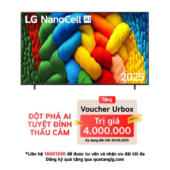 Front view of NanoCell TV, LG NanoCell Al Logo on the top corner. LG NanoCell TV depicts colorful paintike textures coming together.