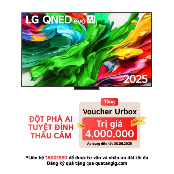 Front view of LG QNED evo TV, LG QNED evo Al Logo on the top corner. LG QNED evo TV depicts colorful paintike textures coming together.