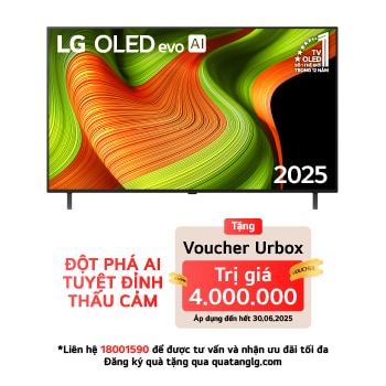 Hình ảnh mặt trước của Smart TV LG OLED AI B5 4K. Biểu tượng OLED số 1 thế giới trong 12 năm và logo LG OLED AI 2025 hiện trên màn hình.