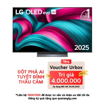 Front view of LG OLED evo AI C5 4K Smart TV. 12 Years of world number 1 OLED emblem and LG OLED evo AI 2025 logo are on the screen.