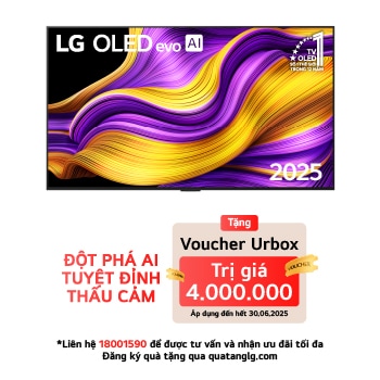 Front view of LG OLED evo AI G5 4K Smart TV. 12 Years of world number 1 OLED emblem and LG OLED evo AI 2025 logo are on the screen.