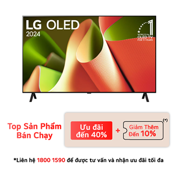 Hình ảnh mặt trước với TV LG OLED, OLED AI B4, Hình ảnh biểu tượng OLED 11 năm đứng đầu thế giới và logo webOS Re:New Program trên màn hình với giá đỡ 2 chân