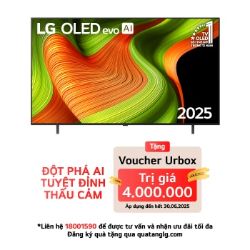 Front view of LG OLED AI B5 4K Smart TV. 12 Years of world number 1 OLED emblem and LG OLED AI 2025 logo are on the screen.