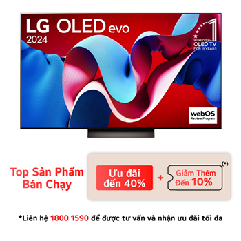 Hình ảnh mặt trước với TV LG OLED evo AI, OLED C4, Logo biểu tượng OLED 11 năm đứng đầu thế giới và logo webOS Re:New Program trên màn hình, cùng với Soundbar ở bên dưới