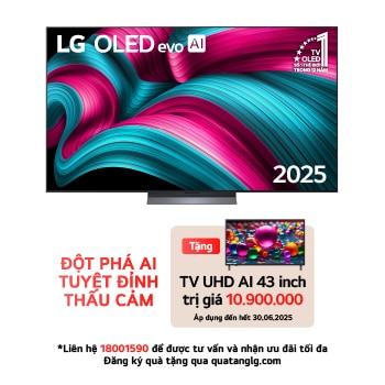 Front view of LG OLED evo AI C5 4K Smart TV. 12 Years of world number 1 OLED emblem and LG OLED evo AI 2025 logo are on the screen.