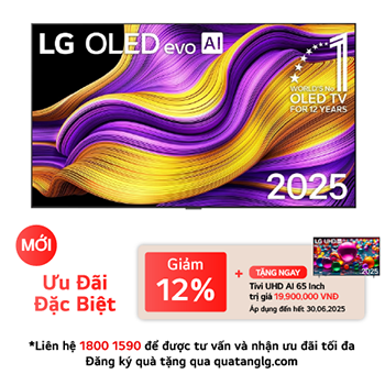 Front view of LG OLED evo AI G5 4K Smart TV. 12 Years of world number 1 OLED emblem and LG OLED evo AI 2025 logo are on the screen.