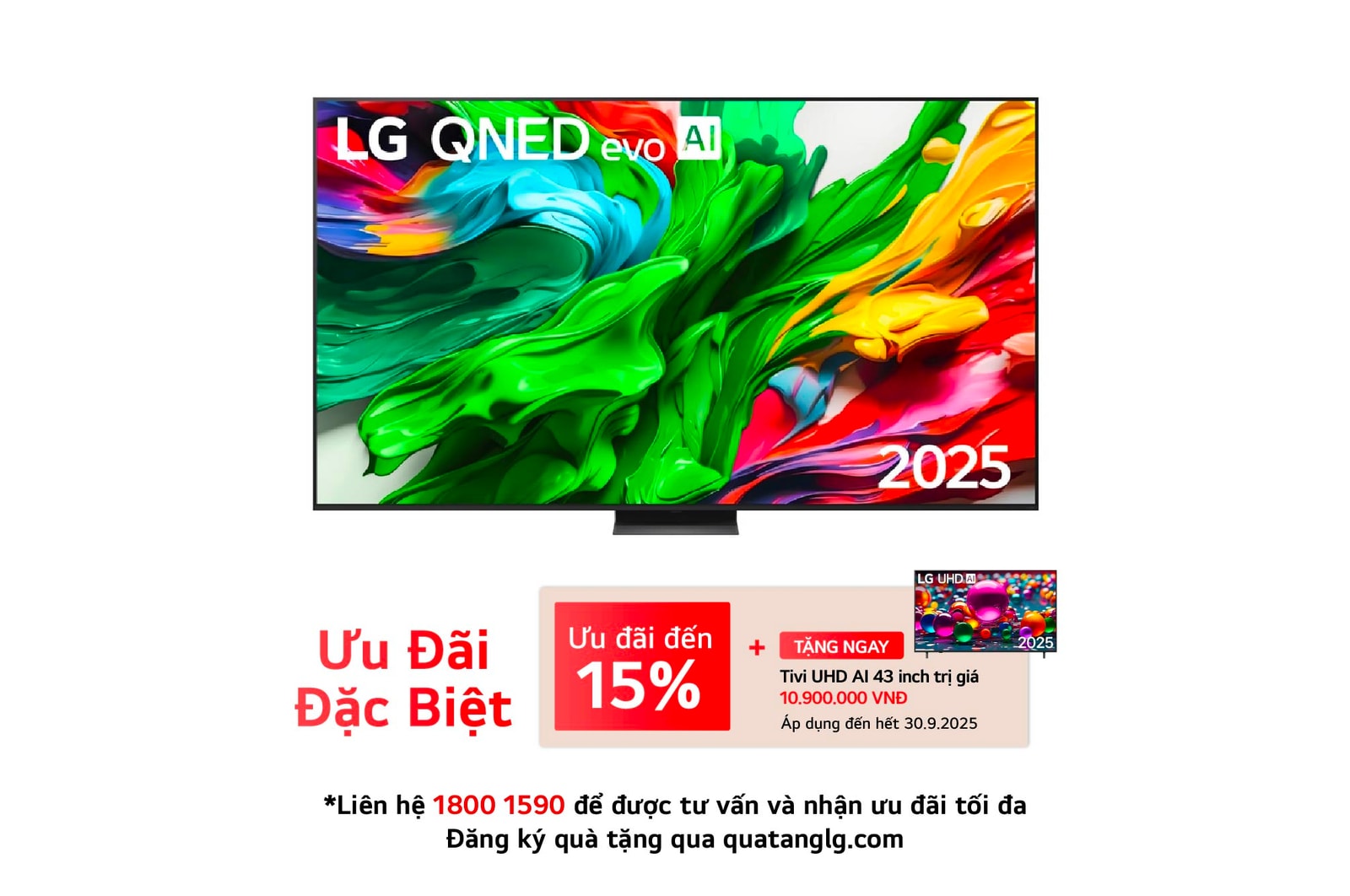 Front view of LG QNED evo TV, LG QNED evo Al Logo on the top corner. LG QNED evo TV depicts colorful paintike textures coming together.