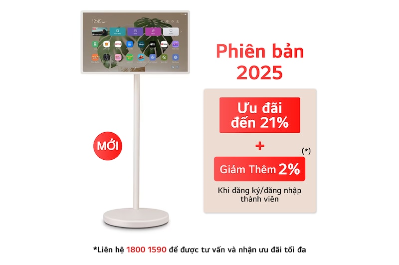 Front view of LG StanbyME 2 on the stand.